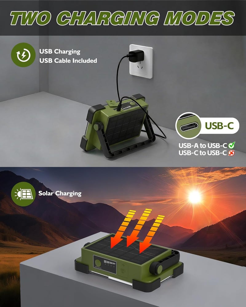 DANCINGBOAR 120W Solar Rechargeable Work Light, Portable Flood Light with Stand, 144 LED 10000LM Led Work Light with 4 Modes, IP66 Waterproof Outdoor Working Light for Emergency Repair Mechanic Camping - Image 5